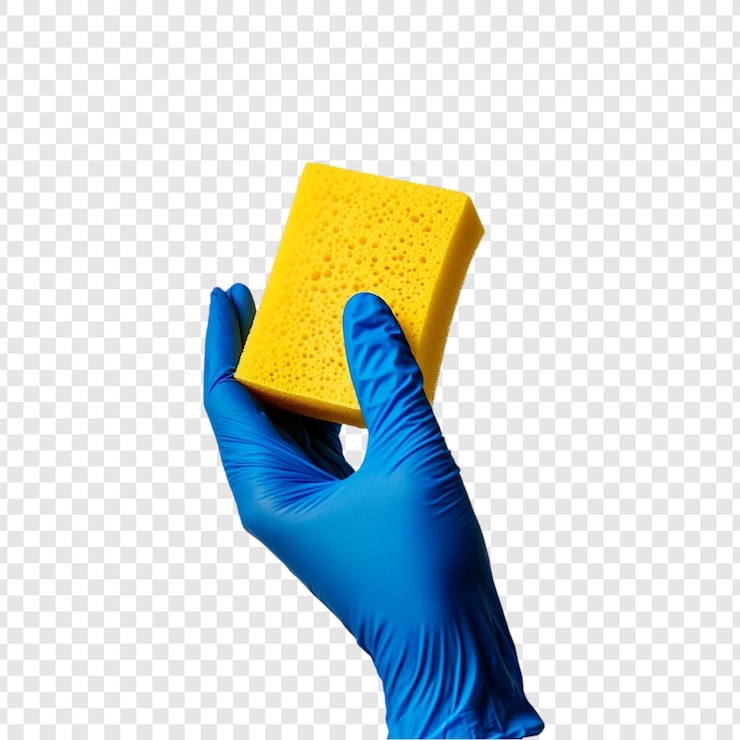 PSD Gratis a gloved hand holding a yellow cleaning sponge cleanliness hygiene and sanitation are emphasized ideal for cleaning supplies or household cleaning product advertisements
