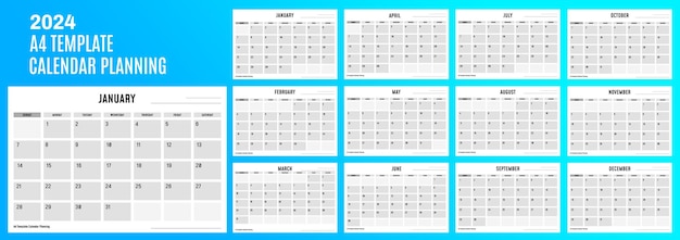 PSD gratuito a4 modelo de planificación del calendario para 2024