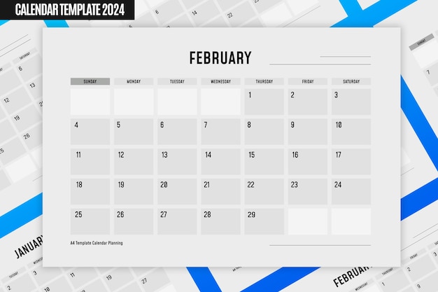 Gratis PSD a4 template 2024 kalenderplanning februari