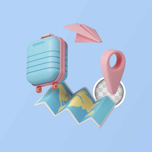 Accesorios de viaje con ilustración 3d de equipaje