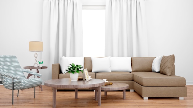 Accogliente soggiorno con divano marrone, tavolo centrale e grande finestra