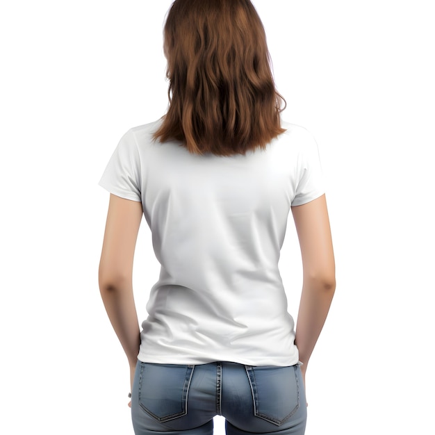 achteruitzicht van vrouw in blanco wit t-shirt geïsoleerd op wit