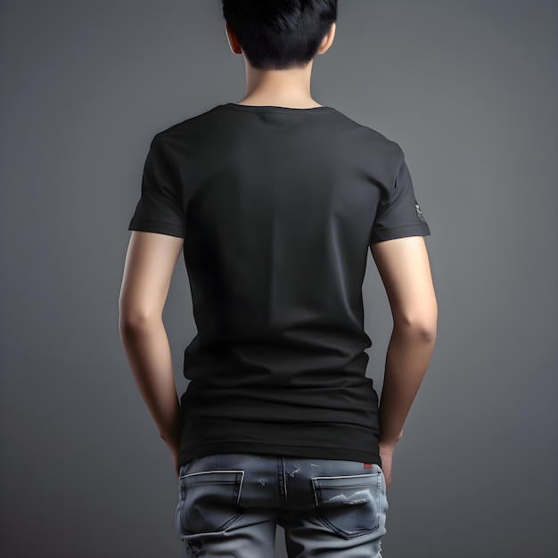 Gratis PSD achterzijde van een man in een zwart t-shirt op een grijze achtergrond