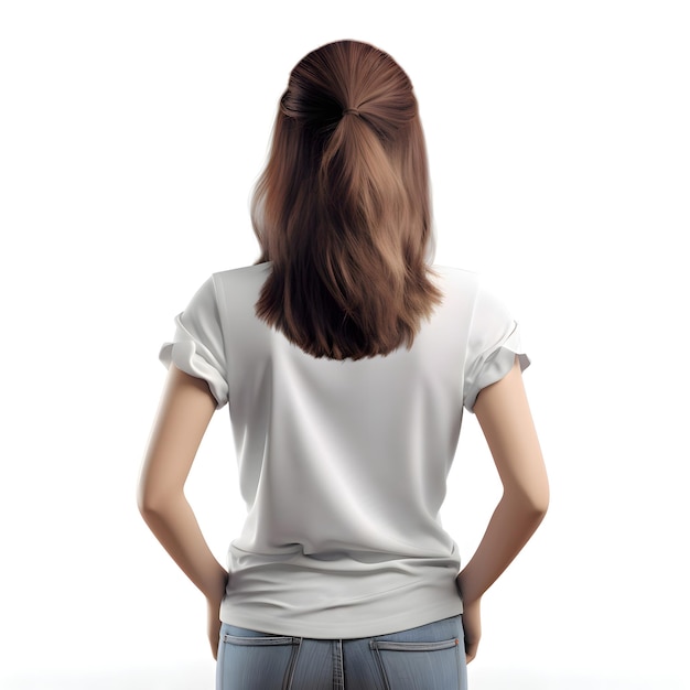 Gratis PSD achterzijde van vrouw in blank wit t-shirt op witte achtergrond