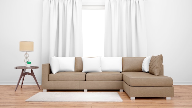 Acogedora sala de estar con sofá marrón y ventana grande