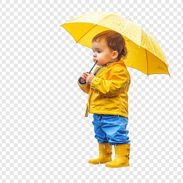 Adorable niño en ropa de lluvia amarilla bajo un paraguas soleado