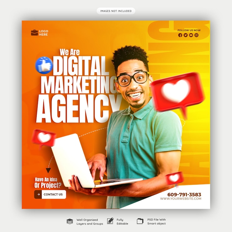 PSD gratuito agencia de marketing digital y banner de redes sociales corporativas o plantilla de publicación de instagram