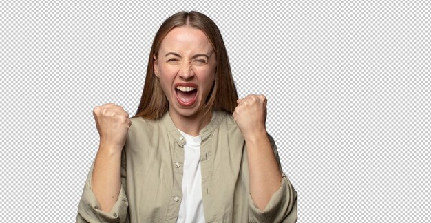agressief schreeuwen met een boze uitdrukking of met gebonden vuisten succes vieren