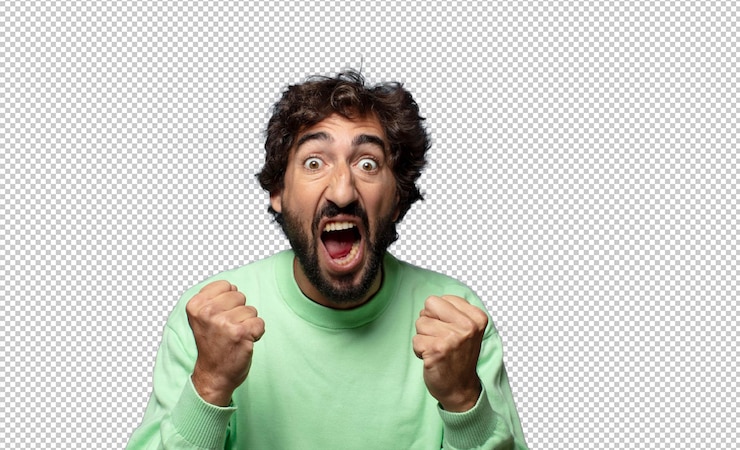 Gratis PSD agressief schreeuwen met een geïrriteerde gefrustreerde boze blik en strakke vuisten voelen woedend