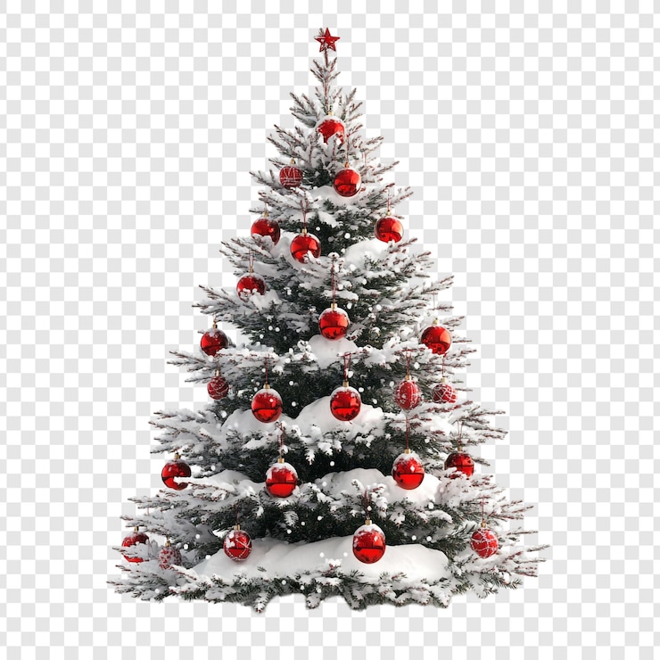 PSD gratuito albero di natale innevato con ornamenti rossi