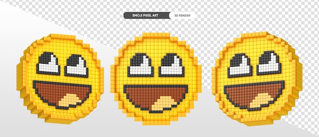 Alegre emoji pixel art 3d render con fondo transparente