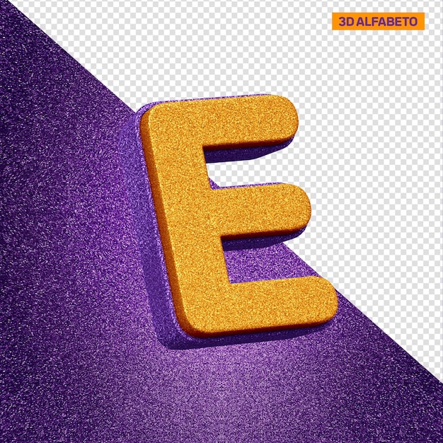 PSD gratuito alfabeto 3d letra e con textura de brillo naranja y violeta