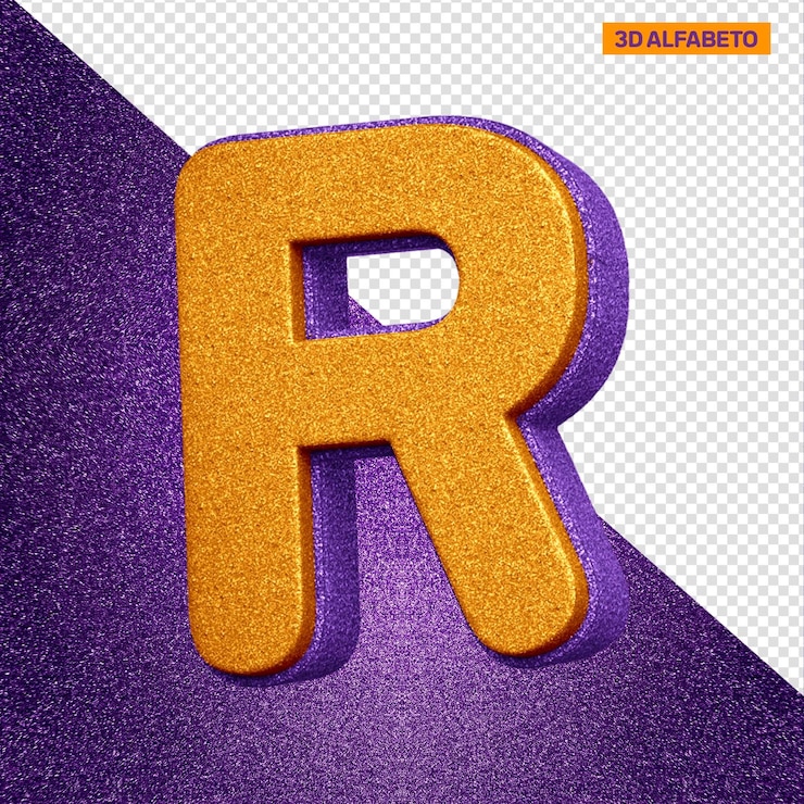 PSD gratuito alfabeto 3d lettera r con texture glitter arancione e viola
