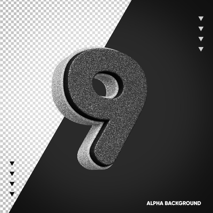 PSD gratuito alfabeto 3d numero 9 bianco con nero