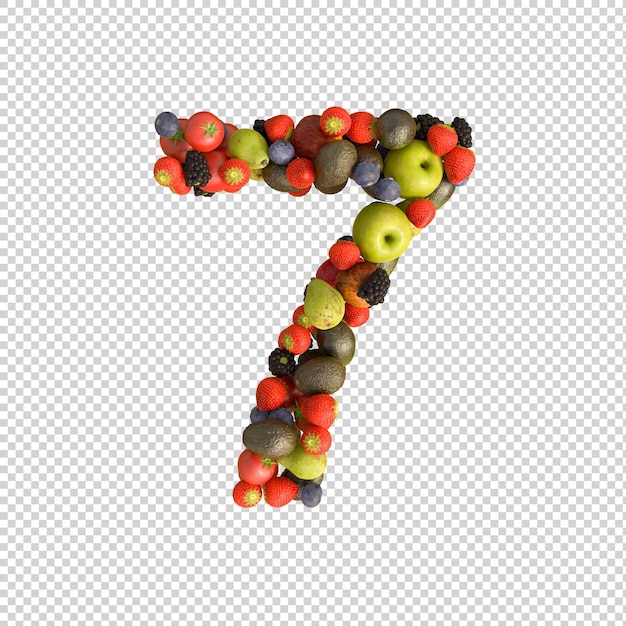 Alfabeto de frutas frescas sobre fondo transparente