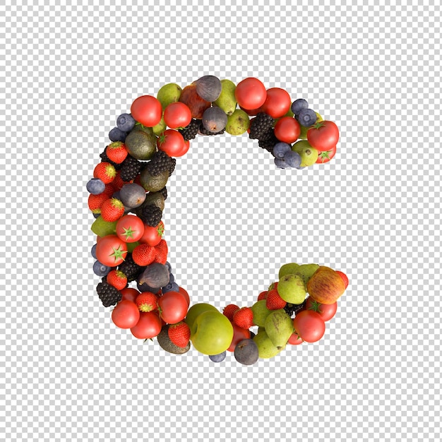 Alfabeto de frutas frescas sobre fondo transparente