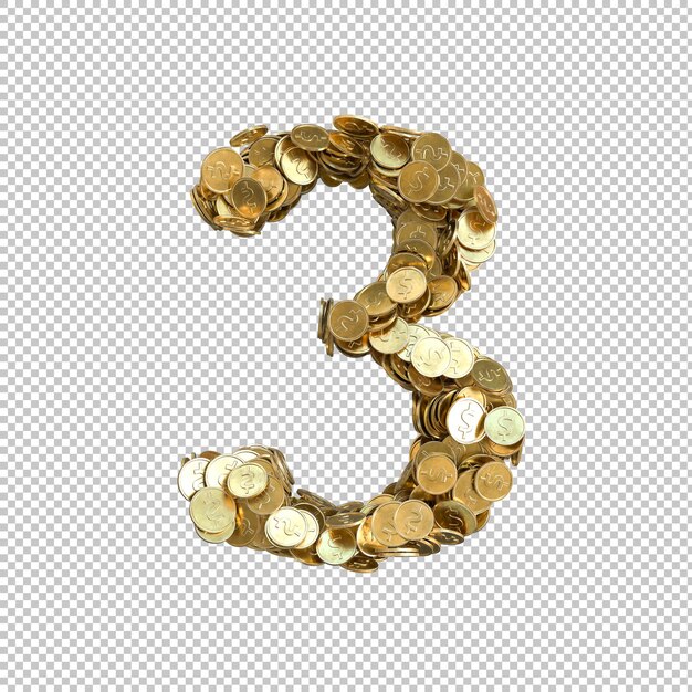 Alfabeto hecho de monedas de oro sobre fondo transparente