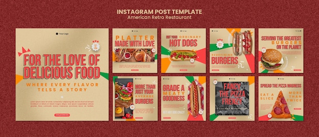 Amerikaans retro restaurant instagram posts-sjabloon