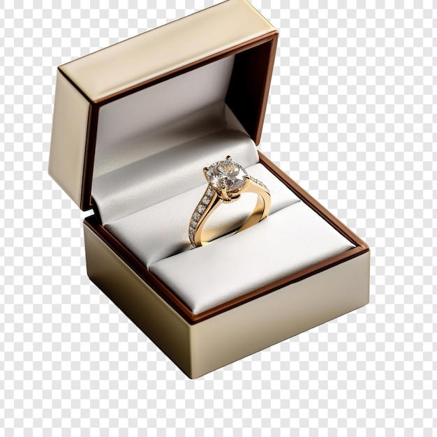 Un anillo de bodas en una caja aislada sobre un fondo transparente