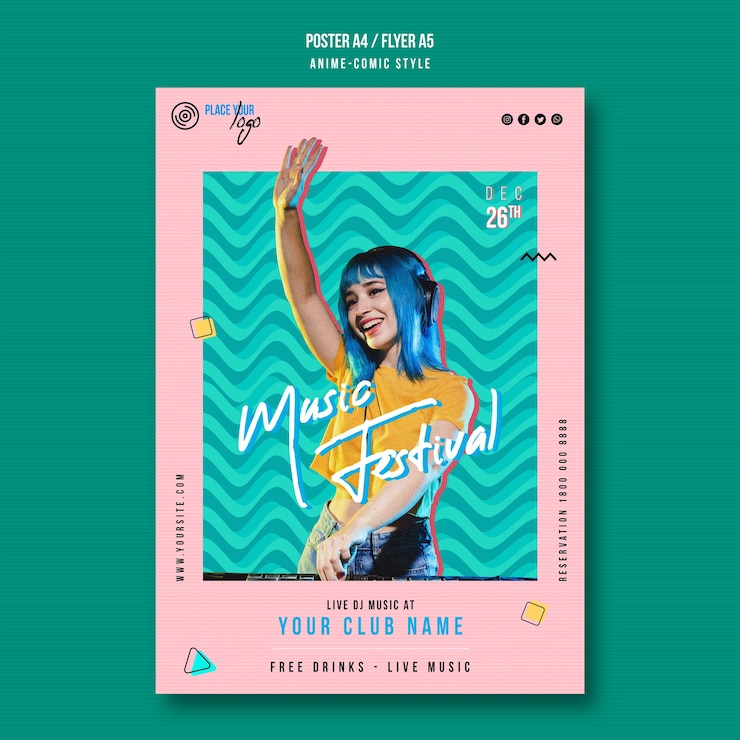 Gratis PSD anime-komische stijl muziekfestival folder sjabloon