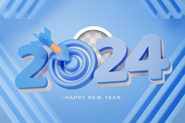 PSD gratuito el año nuevo 2024 ilustración renderizada en 3d en fondo azul