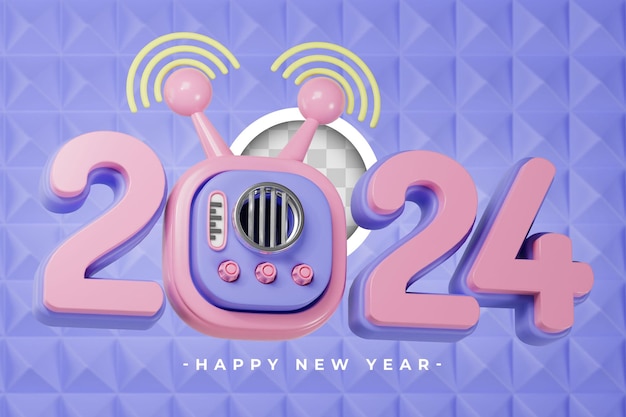 PSD gratuito año nuevo 2024 con radio retro en fondo azul renderizado en 3d