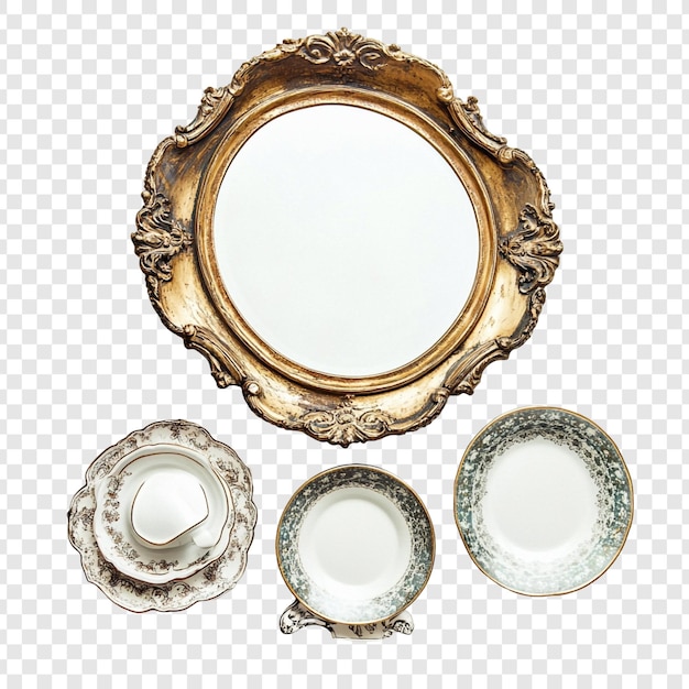 Antico specchio d'oro e eleganti piastre di porcellana