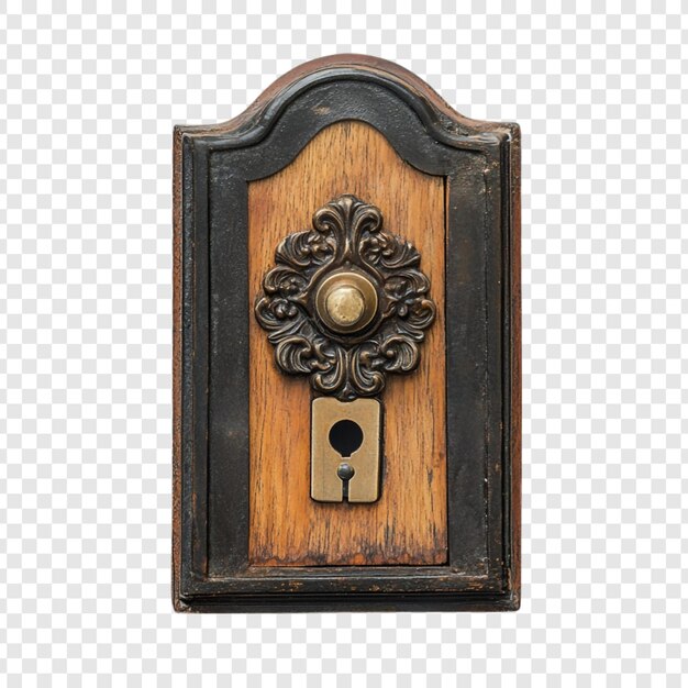 Antiguo timbre de madera con intrincados detalles de bronce