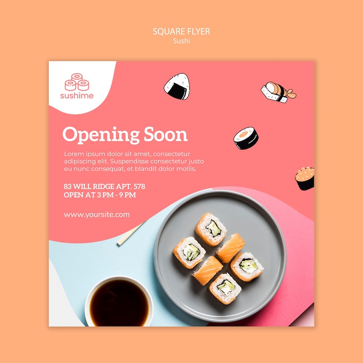 PSD gratuito apertura pronto flyer cuadrado de restaurante de sushi