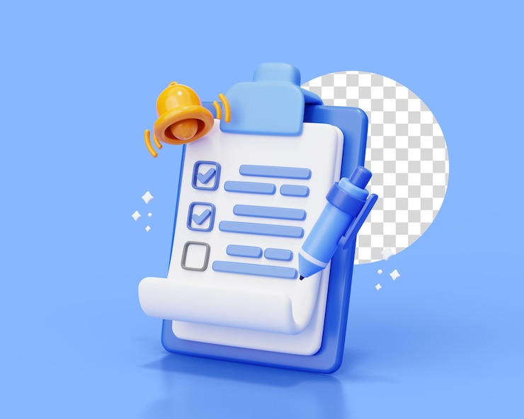 PSD gratuito appunti con penna e campanello elenco di controllo notifica modulo rapporto casella di controllo illustrazione sfondo aziendale 3d
