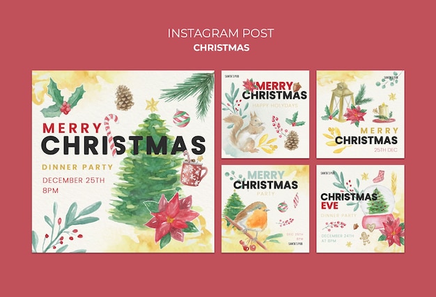 Gratis PSD aquarel kerst instagram posts collectie