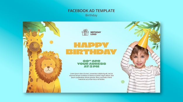 Gratis PSD aquarel social media promo-sjabloon voor kinderverjaardagsfeestje met dieren