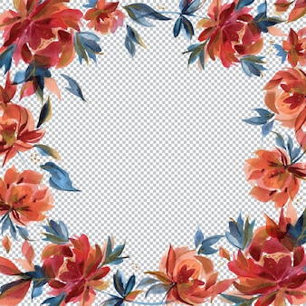 Aquarel vierkante frame van traditionele folk roze bloemen en takken. blauwe en oranje kleuren, decoraties voor groeten en kaarten