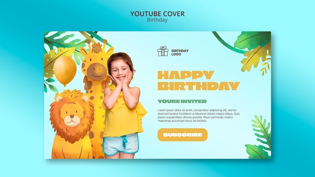 Gratis PSD aquarel youtube voorbladsjabloon voor kinderverjaardagsfeestje met dieren