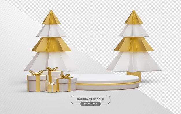 Árboles de Navidad dorados y blancos con base blanca y cajas de regalos en renderización 3D