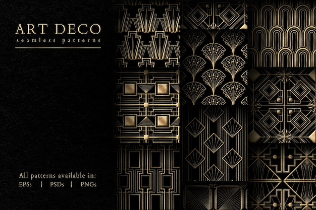 Art deco psd establece patrones sin fisuras sobre fondo oscuro