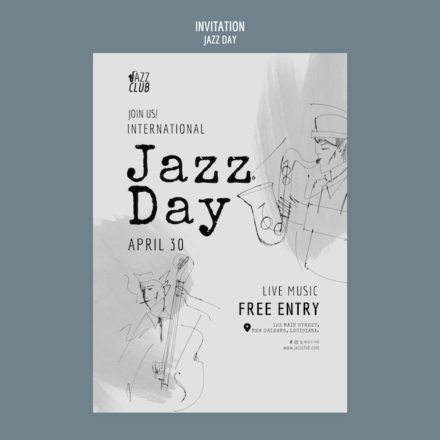 Gratis PSD artistische jazz dag uitnodiging sjabloon