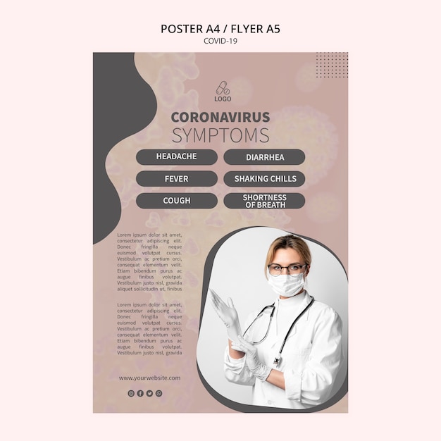 Gratis PSD arts met masker en handschoenen coronavirus poster sjabloon