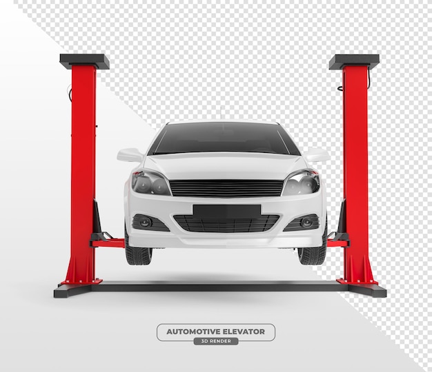 Ascensor de automóviles con coche para taller de mecánicos en renderizado 3D con fondo transparente
