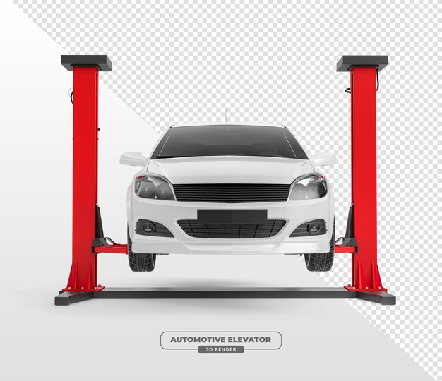 Ascensor de automóviles con coche para taller de mecánicos en renderizado 3D con fondo transparente