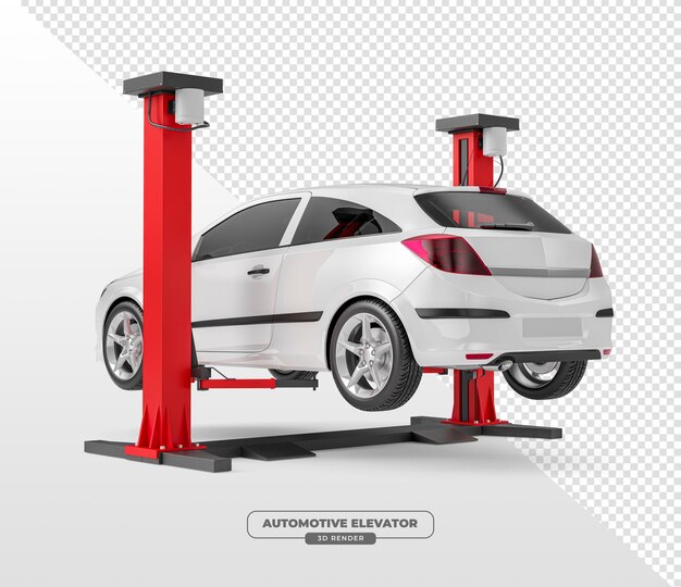 Ascensor de automóviles con coche para taller de mecánicos en renderizado 3D con fondo transparente