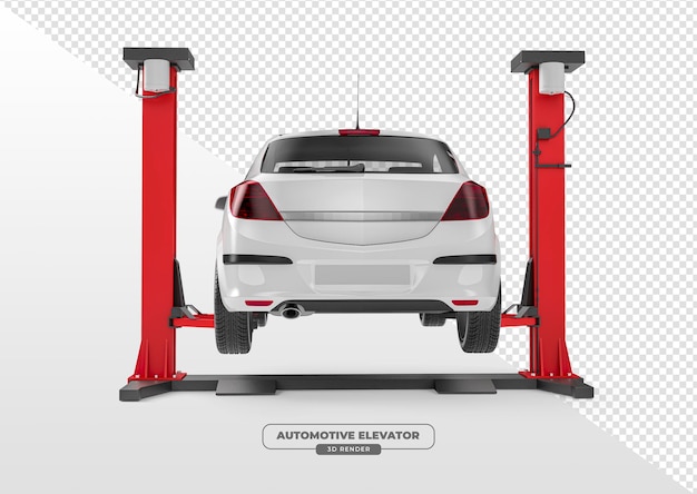 Ascensor de automóviles con coche para taller de mecánicos en renderizado 3D con fondo transparente