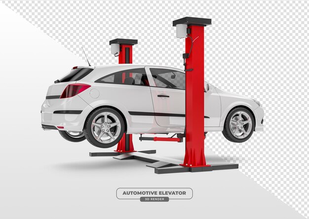 Ascensor de automóviles con coche para taller de mecánicos en renderizado 3D con fondo transparente