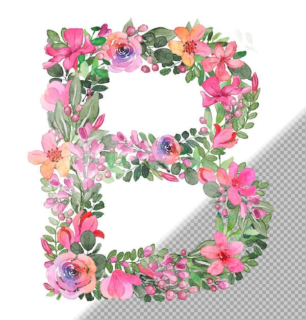 B-letter in hoofdletters gemaakt van zachte handgetekende bloemen en bladeren