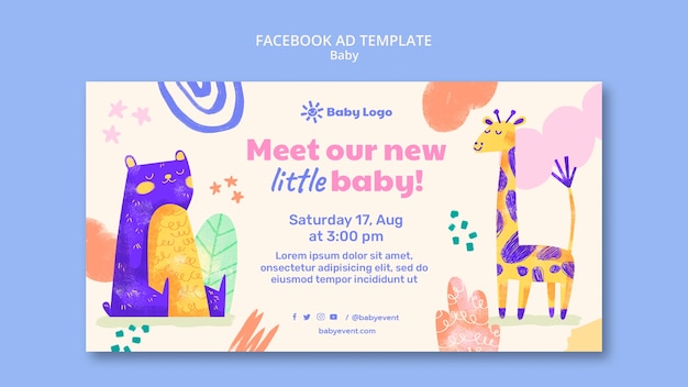 Baby evenement social media promo sjabloon met dierentekeningen
