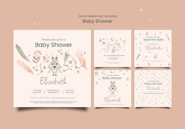 Gratis PSD baby shower instagram posts collectie met vegetatie en vos