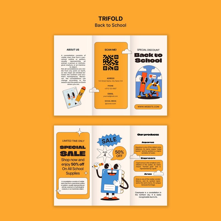 PSD gratuito back to school trifold brochure with special sale offer