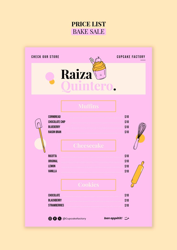 PSD Gratis bake sale price list template