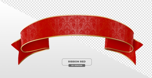 Bandera de cinta roja y dorada con patrón de ornamentación en renderizado en 3D