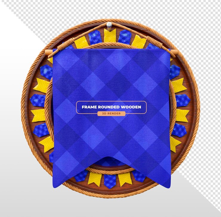 PSD gratuito bandiera a scacchi blu su un telaio rotondo in legno con corda dettaglio rendering 3d